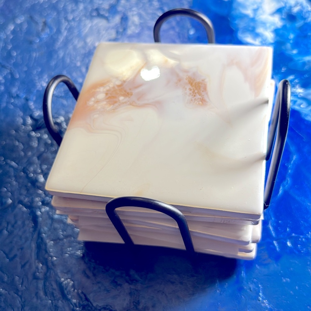 (6) COASTERS GOLD/CREAM Marble Pattern with Holder STUNNING